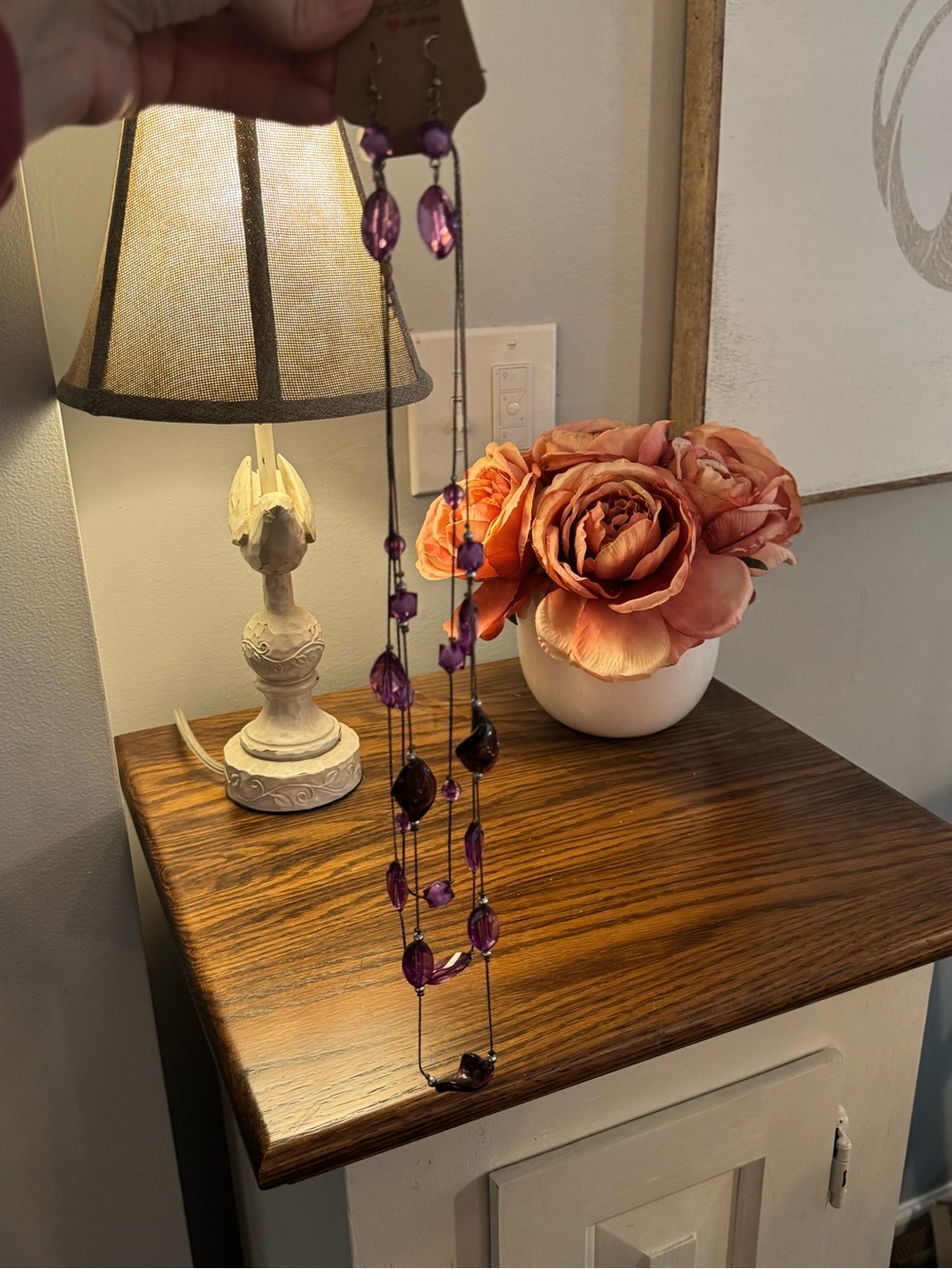 Long Purple Beaded Necklace and Earrings Set